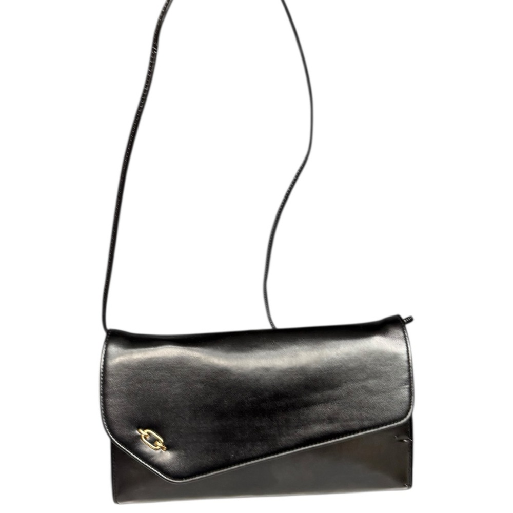 Vintage Black Leather Envelope Clutch Thin Crossbody Strap Minimalist Evening